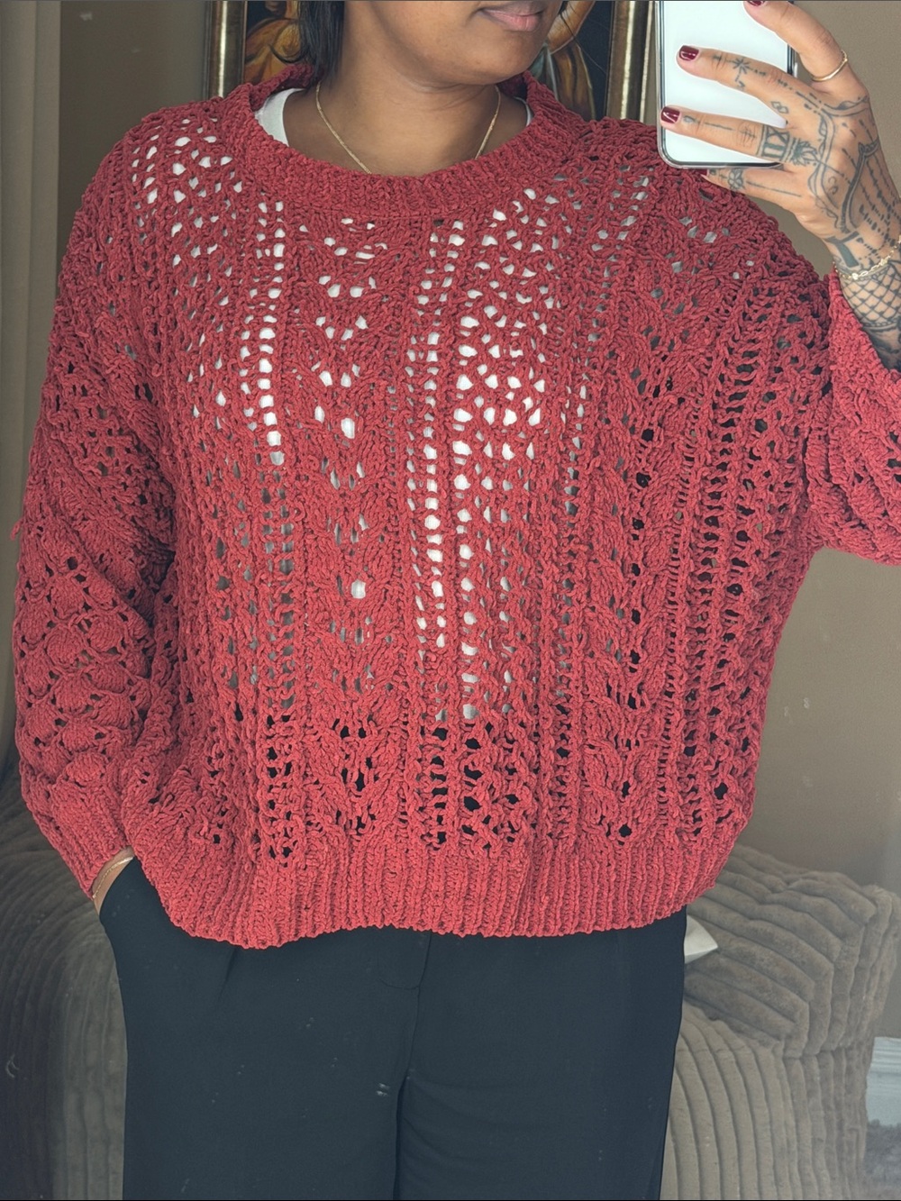 Open-Knit Crewneck Sweater, size M
